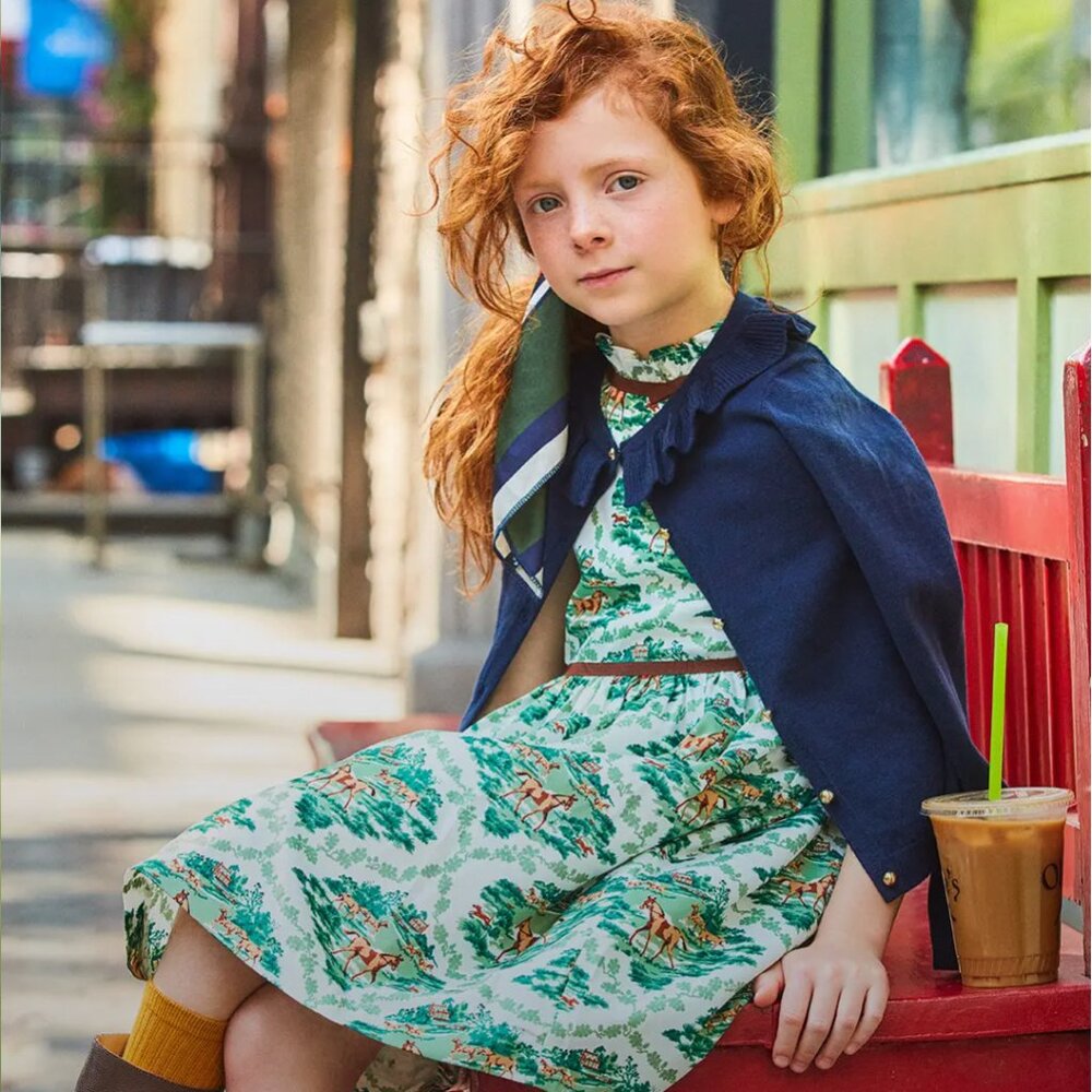 Girls' Green Scenic Print Fit-and-Flare Dress with Navy Cardigan